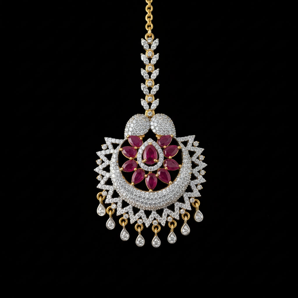 Ornate necklace with red gemstones on a dark background, featuring the brand 'Saheeli'.