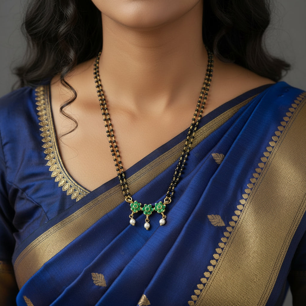 A gold and black beaded necklace with a decorative pendant featuring green stones and white pearl drops, displayed on a dark gray background with a 'SAHELL MY BEST FRIENDS' watermark.