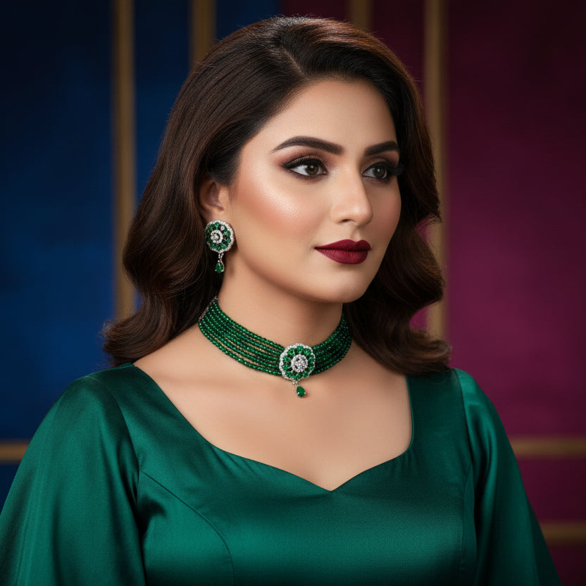 Jewelry set with green and silver choker and earrings on a black stand with 'SAHELI' branding.
