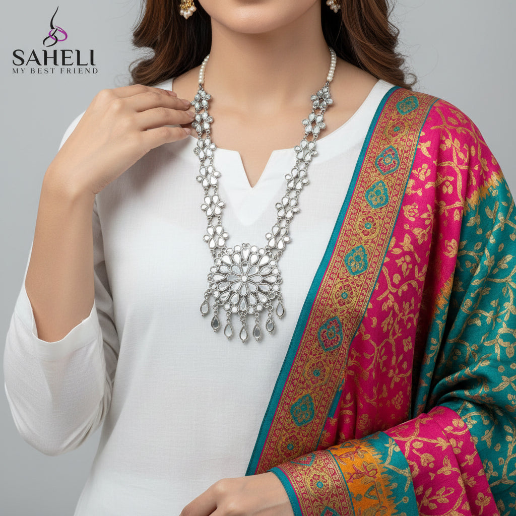 Jewelry necklace with intricate design on a dark background, featuring the brand 'SAHELI'.