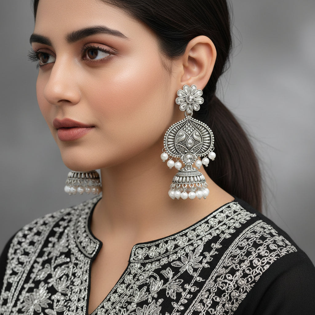 Pair of silver floral earrings with pearl beads on a gray stand.