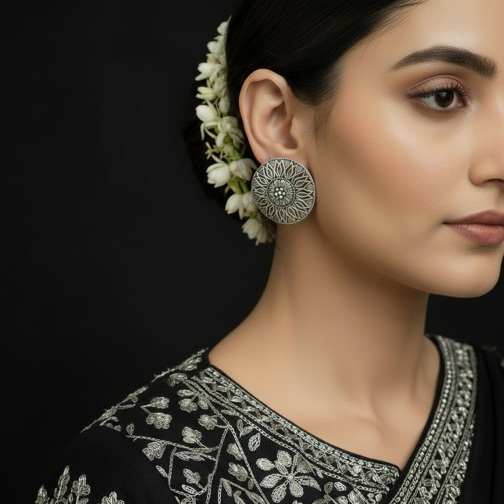 Pair of silver floral patterned earrings on a dark background