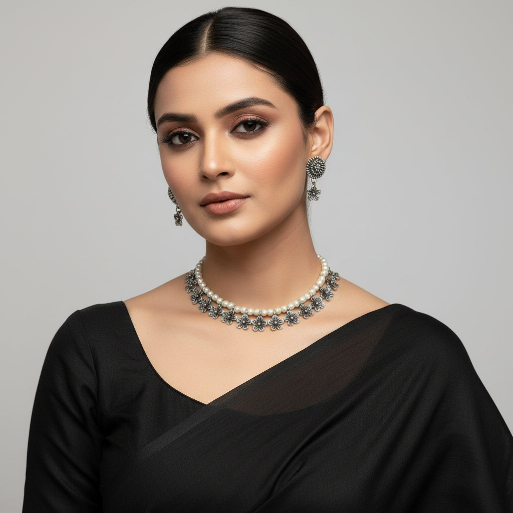 Pearl necklace with black floral designs and matching earrings on a white background, branded 'Saheli'.