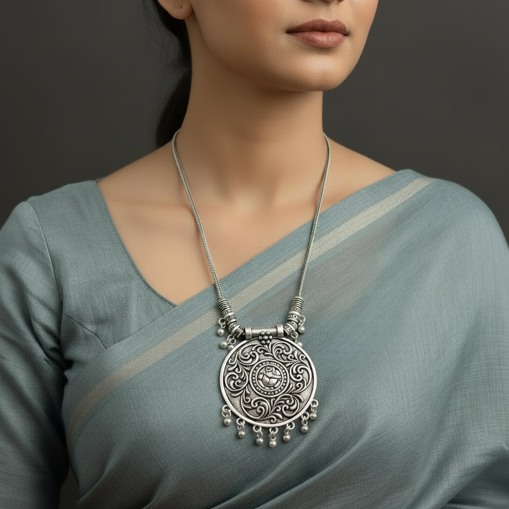 Silver necklace with intricate pendant on a dark background, featuring the brand 'Saheli'.