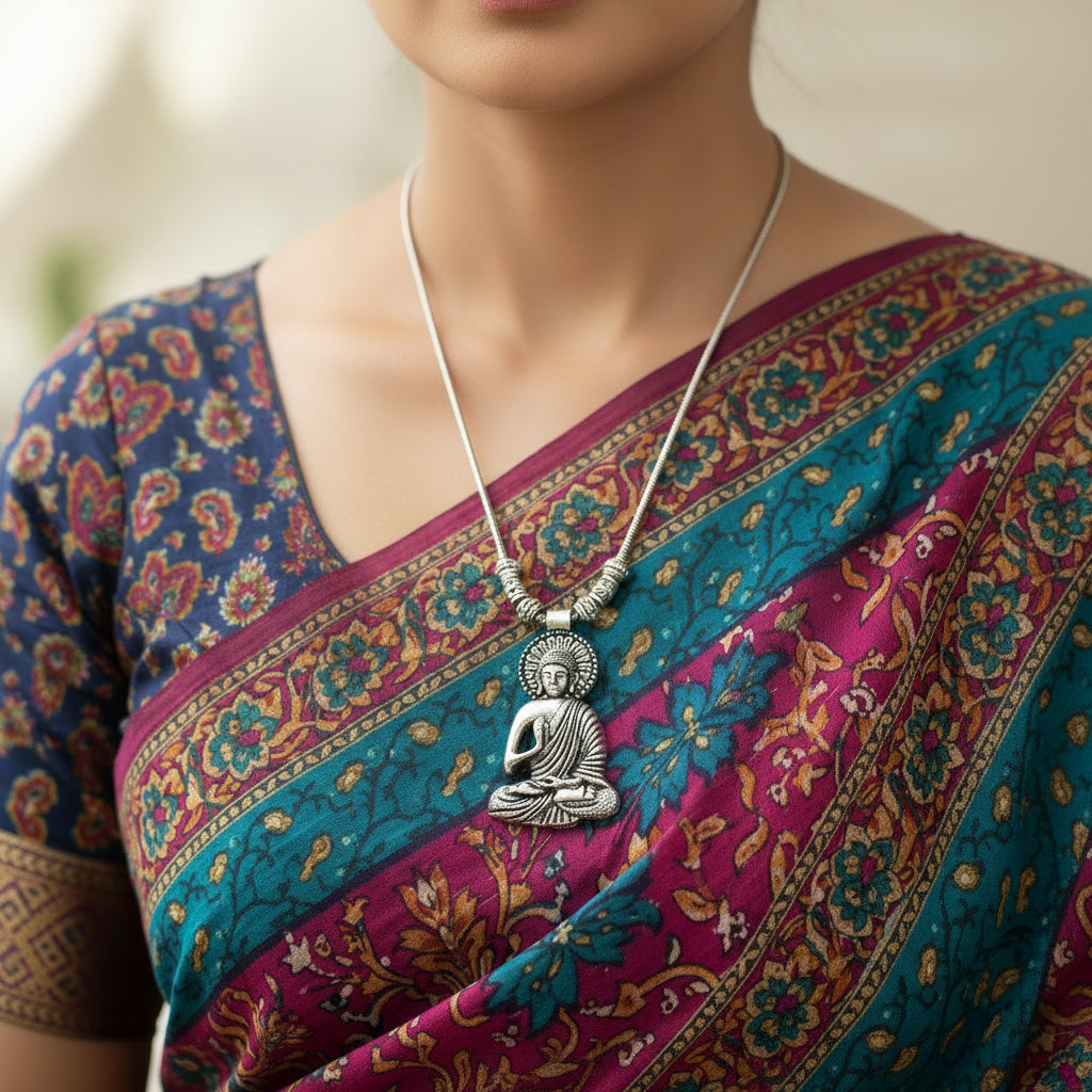 Silver Buddha pendant necklace on a gray background with 'SAHELI' branding.