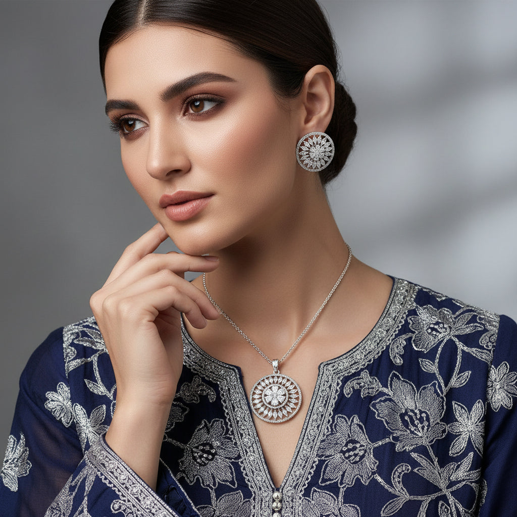Silver jewelry set with circular pendants on a dark background