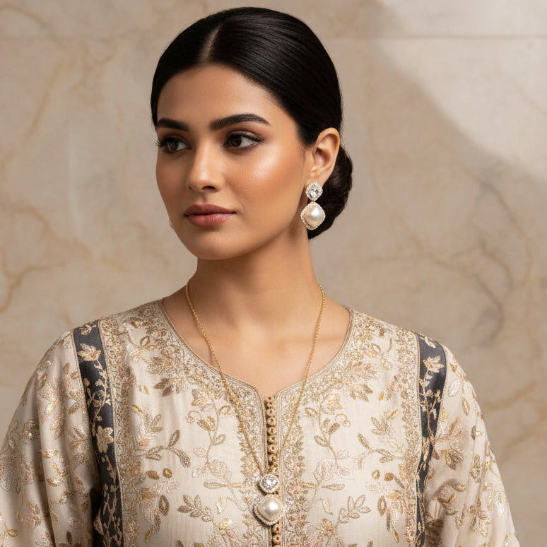 Jewelry set with necklace and earrings on a black background, featuring the brand 'Saheli'.