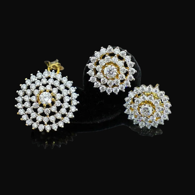Diamond earrings on a dark background with 'Saheli' branding.