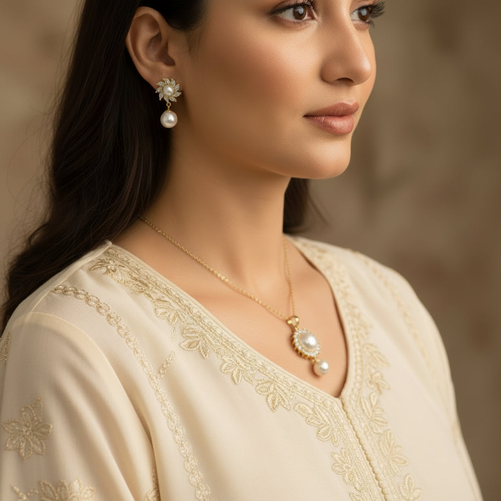 Pearl earrings with gold accents on a black stand, branded 'Saheli'.