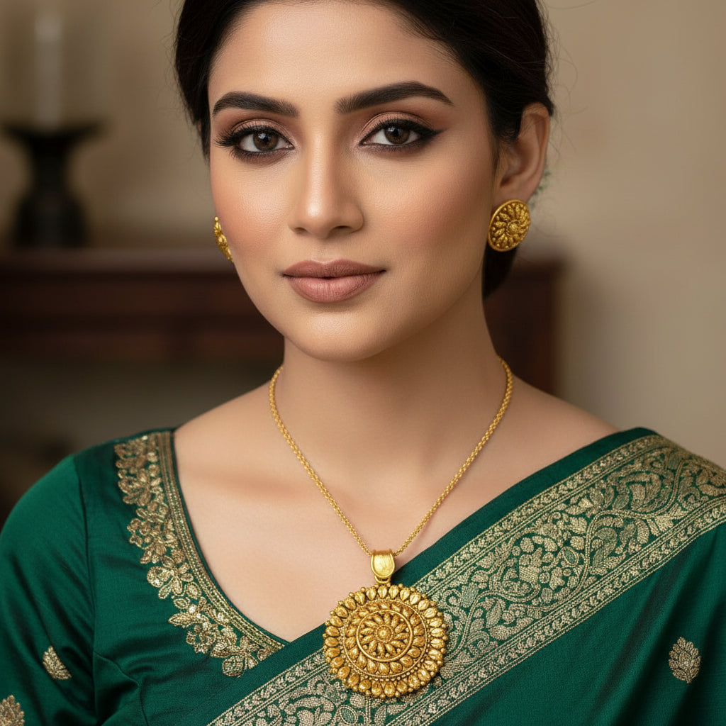 Gold pendant and earrings set on a dark background with 'SAHELLI' branding.