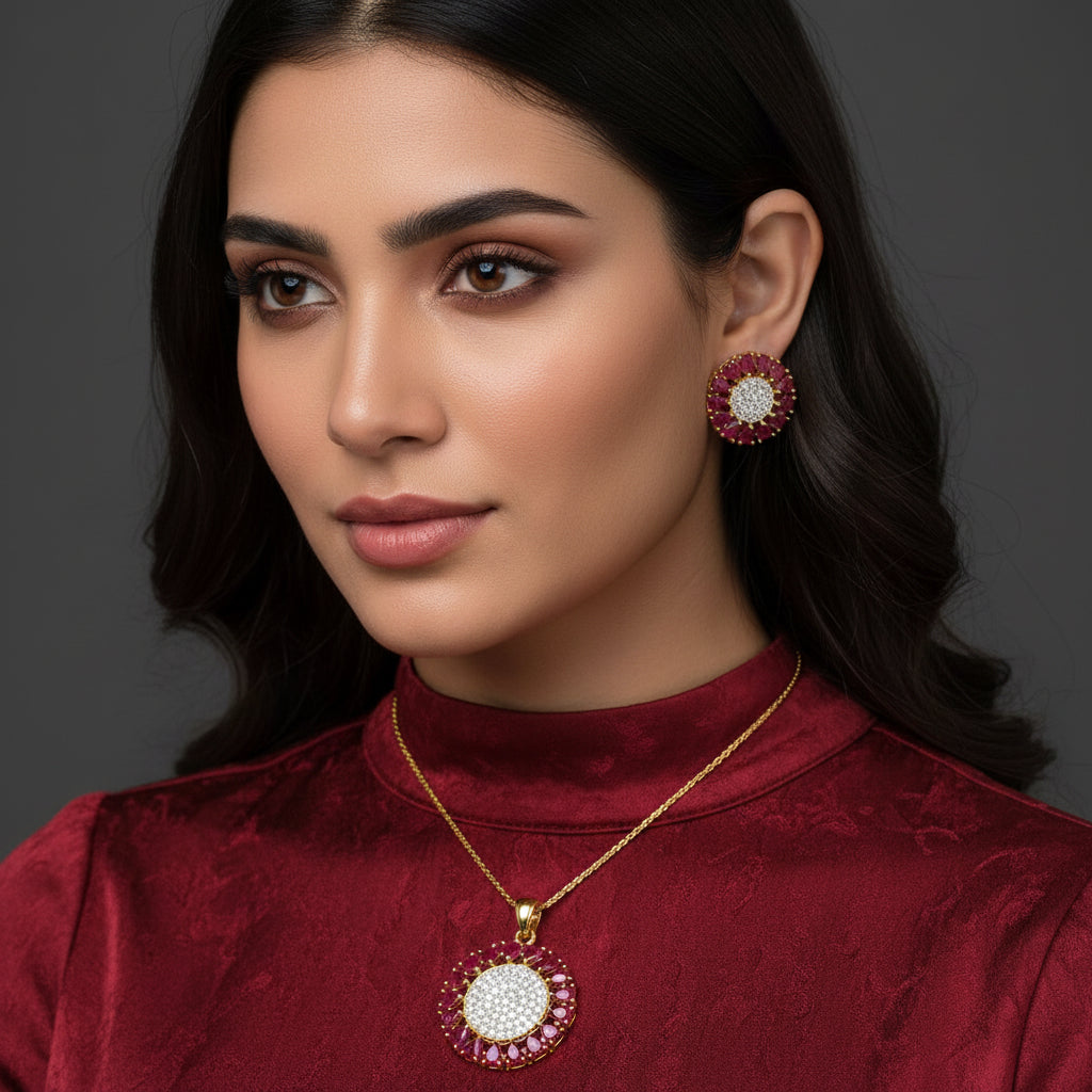 Jewelry set with red and gold accents on a dark background, featuring the brand 'Saheli'.