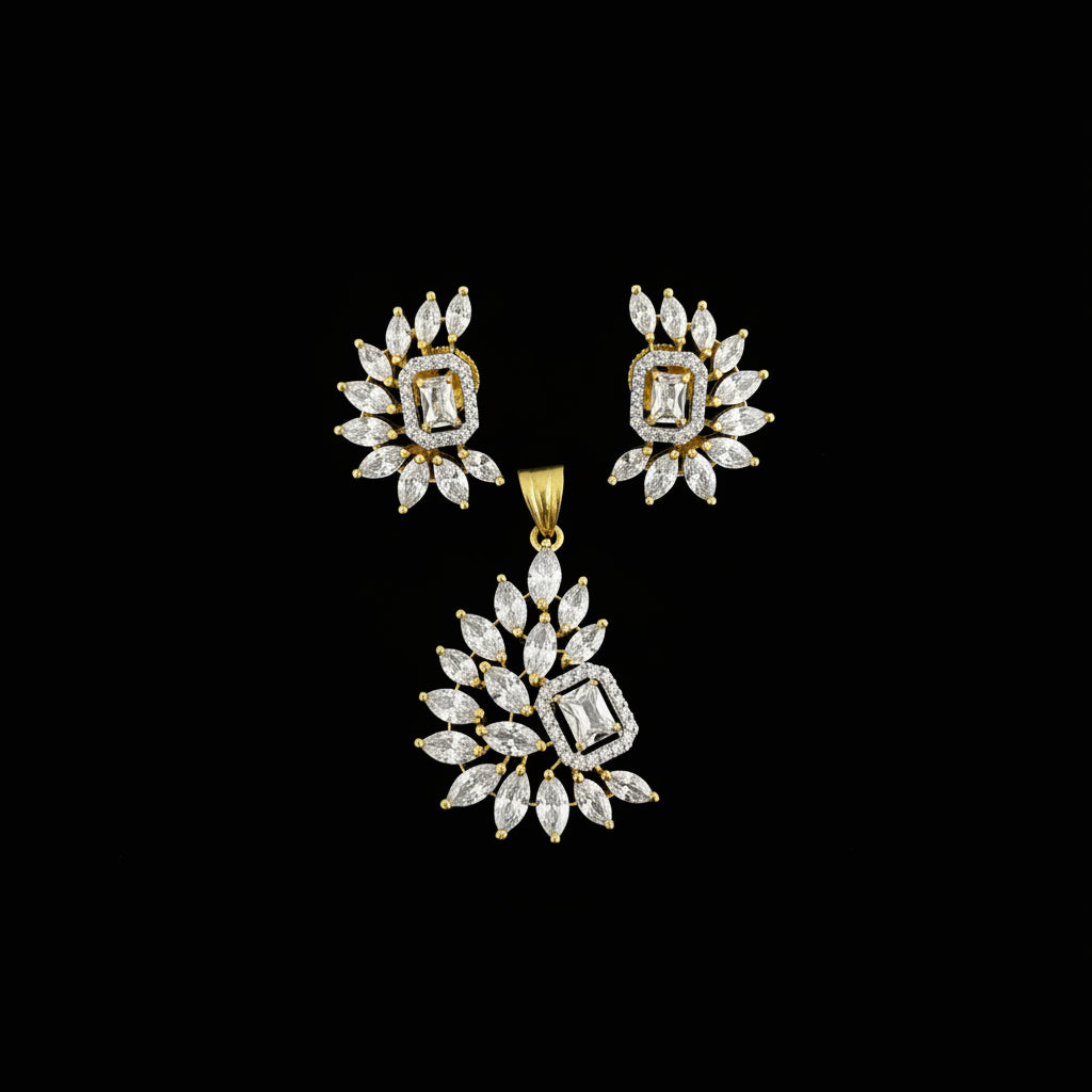 Gold and diamond jewelry set with 'SAHELI' branding on a dark background