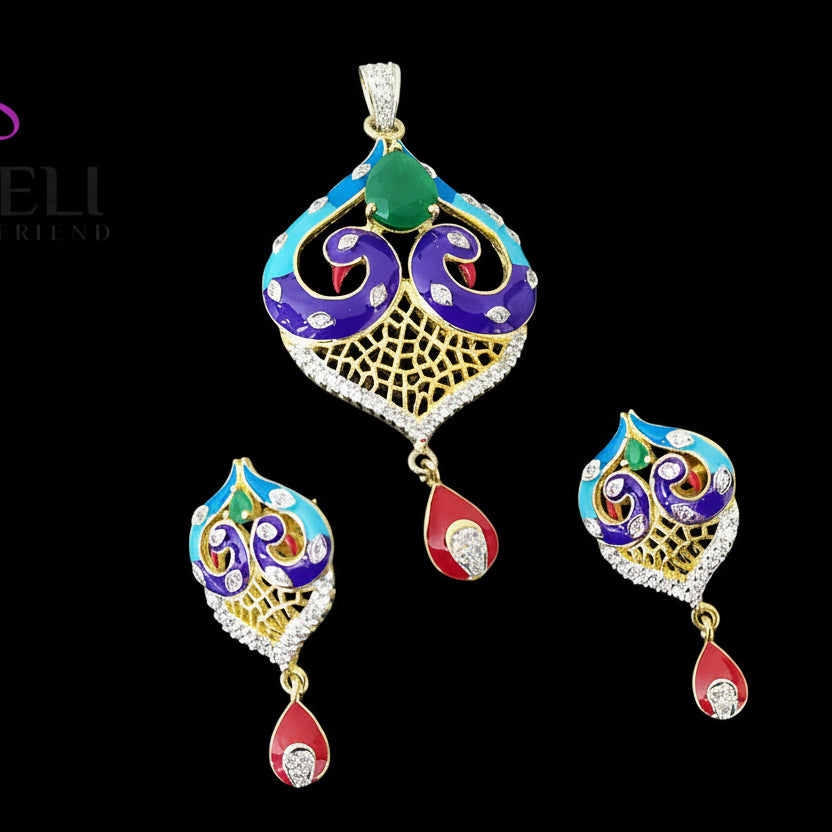 Colorful jewelry set with pendant and earrings on a dark background, featuring the brand 'SAHELI'.