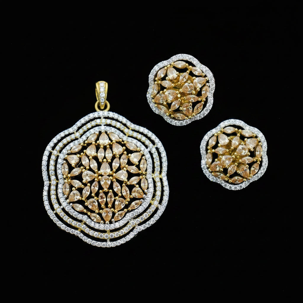 Gold and diamond jewelry set with 'Saheli' branding on a dark background