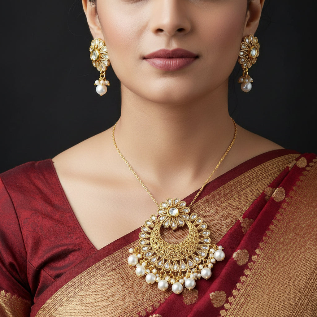 Gold and pearl earrings on a black stand with 'SAHELLI' branding.
