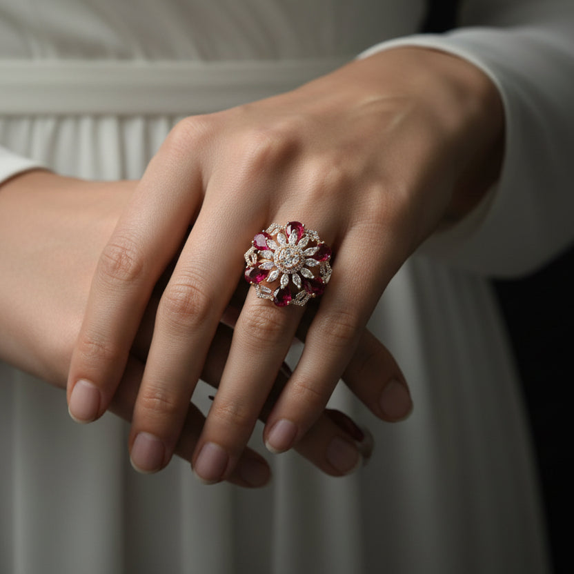 Decorative ring with gemstones on a black gloved hand against a dark background