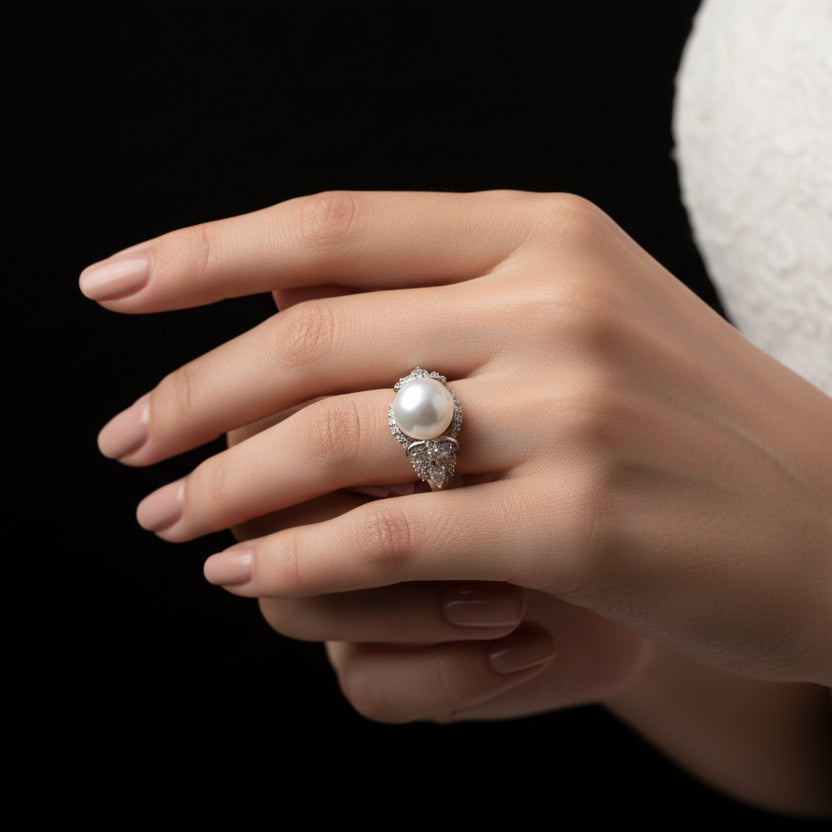 Silver ring with a pearl on a dark gray background, featuring the brand 'Saheli'.
