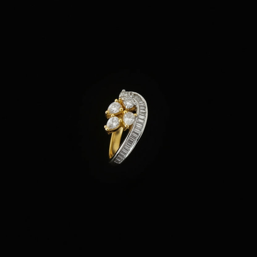 Gold and diamond ring on a black gloved hand with 'SAHELI' branding.