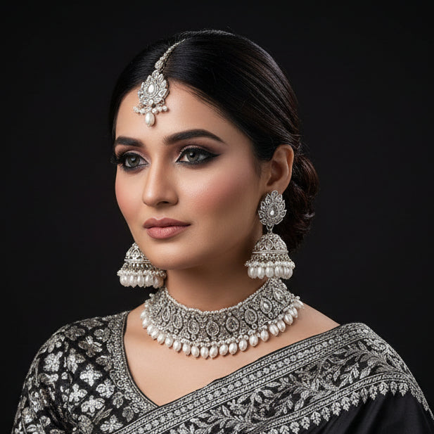 Silver polish choker set with matching earrings on a black background