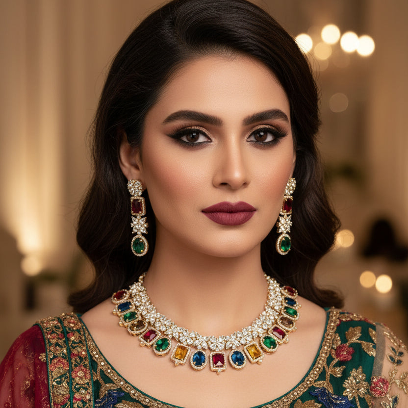 Jewelry set with necklace and earrings featuring multicolored gemstones on a dark background.
