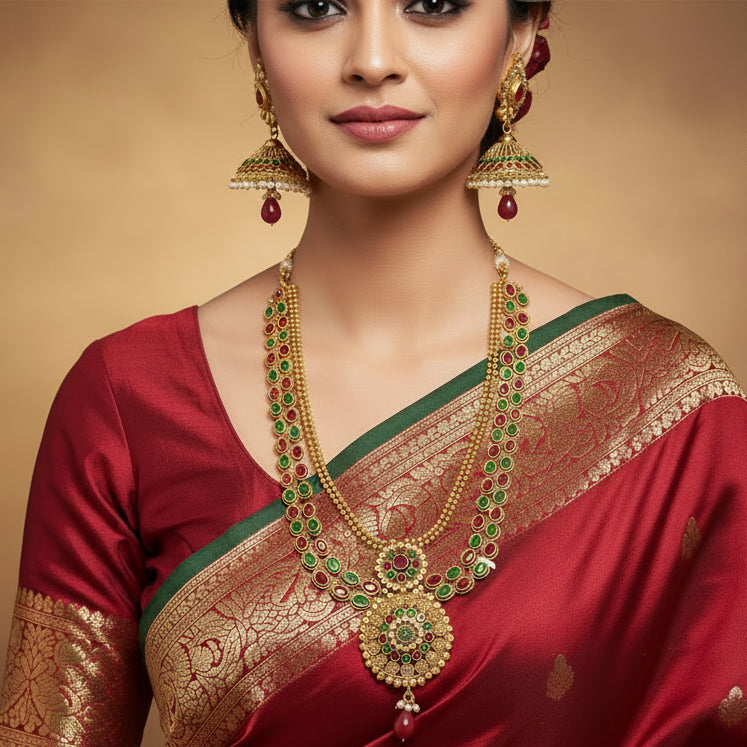 Gold necklace with green and red stones and matching earrings on a dark background, branded 'Saheli'.