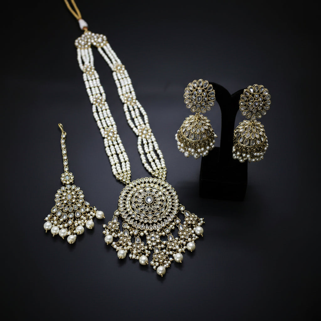 Jewelry set with necklace and earrings on a dark background