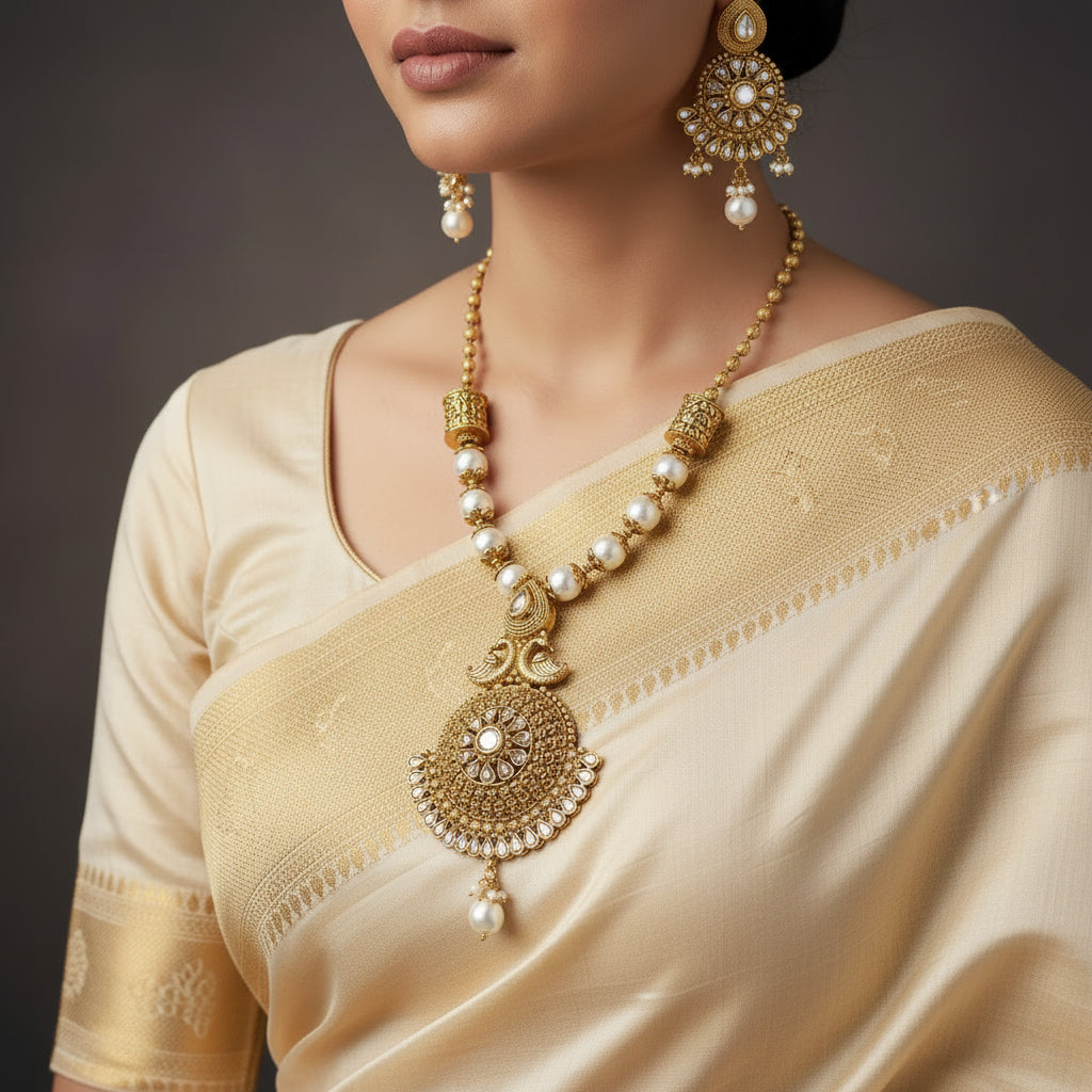Gold necklace and earrings set with pearls on a dark background, branded 'Saheili'.