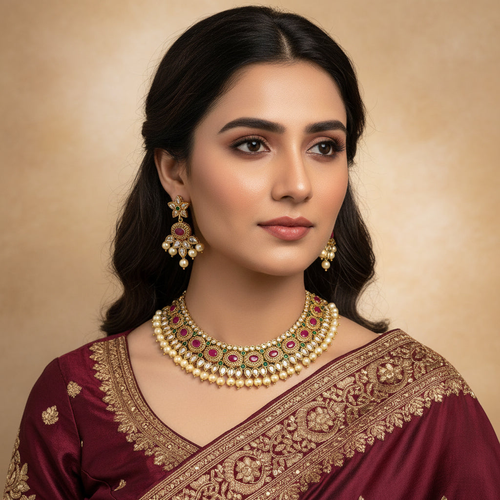 Gold necklace and earrings set with red and green stones on a dark background, branded 'SAHELI'.