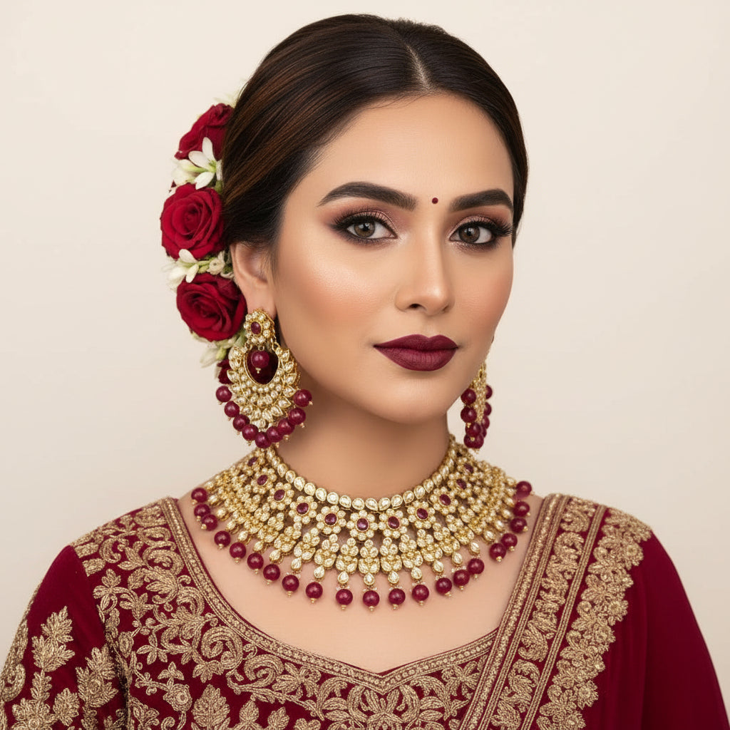 Gold-plated Indian Kundan jewelry set featuring a choker necklace and matching earrings, embellished with clear crystals and deep pink/red gemstone accents, displayed on a dark reflective surface with the brand name 'SAHELI MY BEST FRIEND' printed on it.