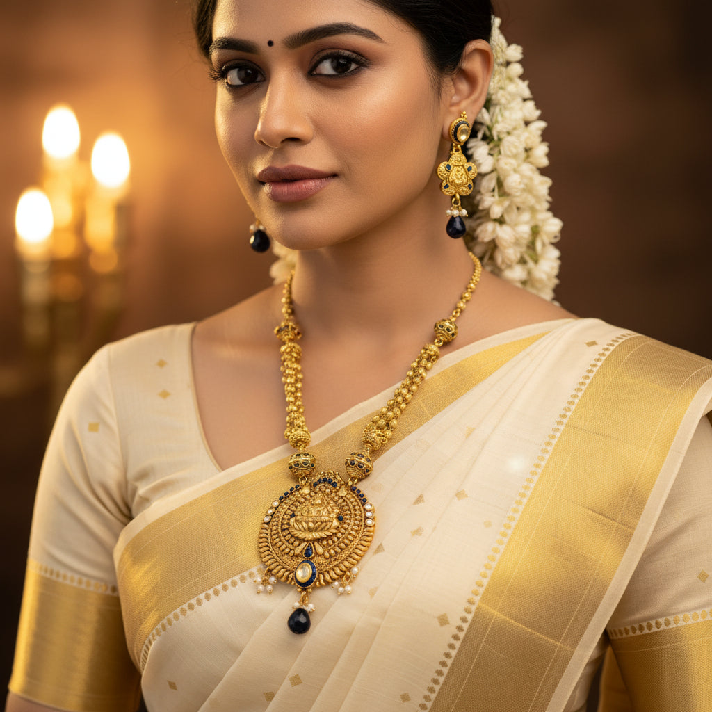 Gold-toned traditional Indian jewelry set featuring a necklace with a detailed Ganesha pendant, matching earrings, and dark blue bead accents, displayed on a reflective dark surface with the Saheli My Best Friend logo in the top right.