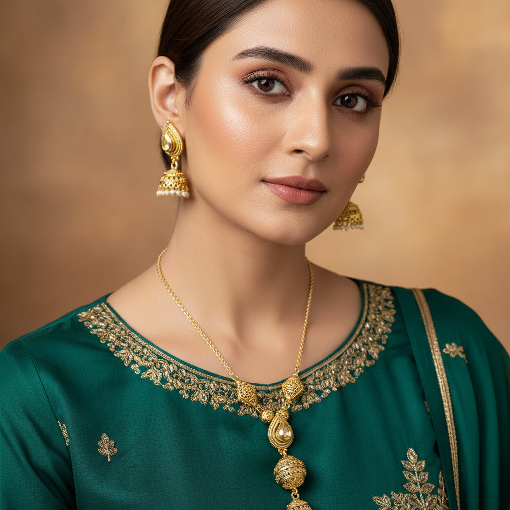 Gold-toned traditional Indian jewelry set featuring a necklace and matching earrings with jhumka-style bells and teardrop motifs, displayed on a dark reflective surface with a brand watermark in the top right.