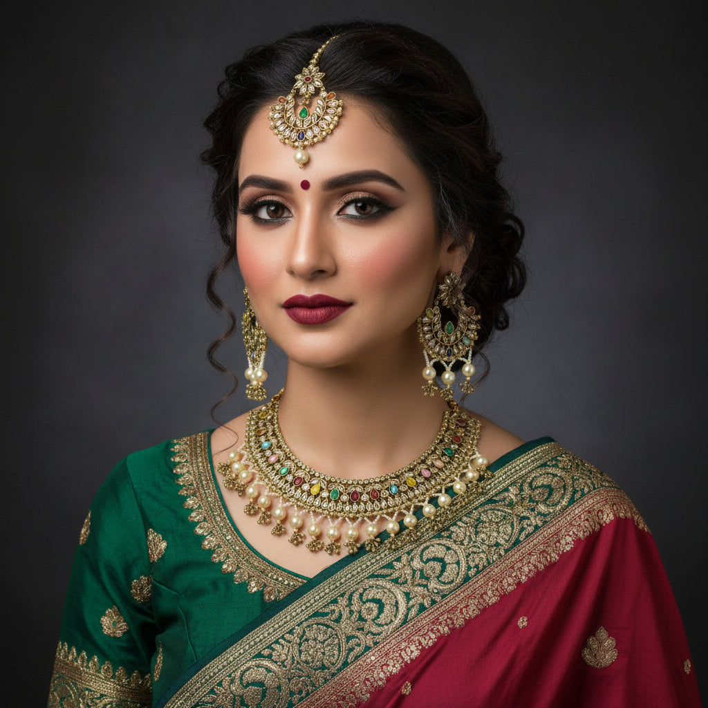 An ornate Indian traditional jewelry set featuring a gold-plated necklace, matching earrings, and a maang tikka, embellished with white faux pearls, gold-toned metal, and multicolored stones, displayed on a dark reflective surface with the brand logo 'SAHELI MY BEST FRIEND' in the background.