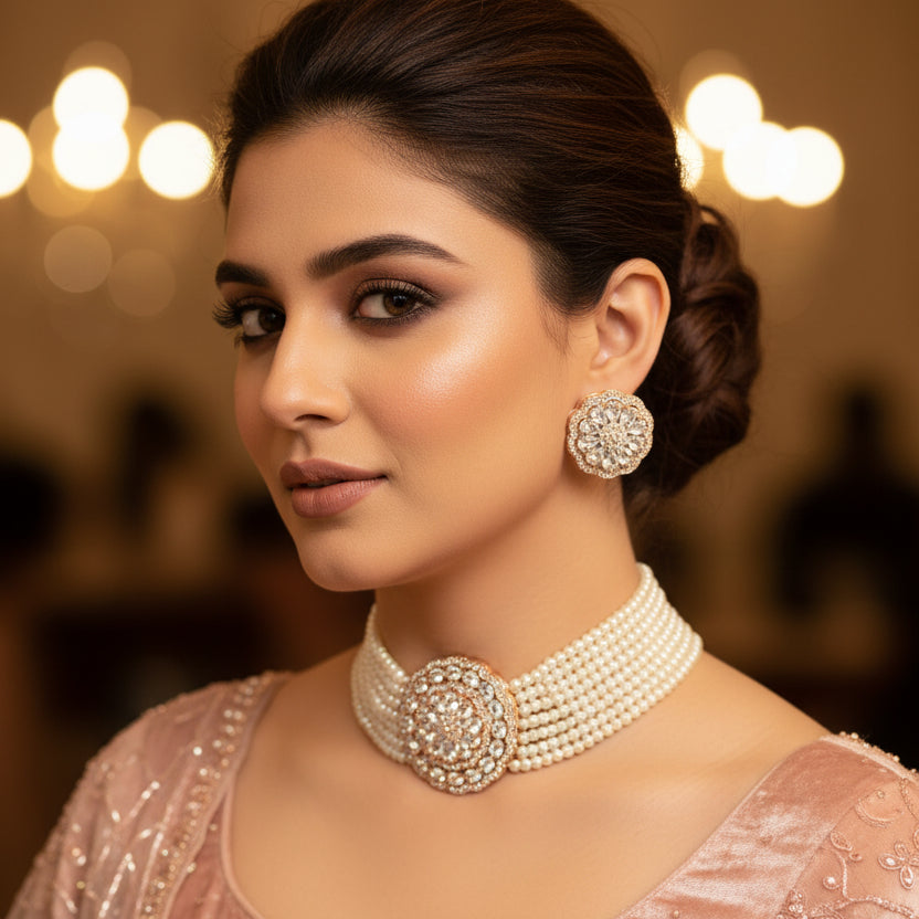 Necklace and earrings set with pearl-like beads and crystal-like elements on a dark background