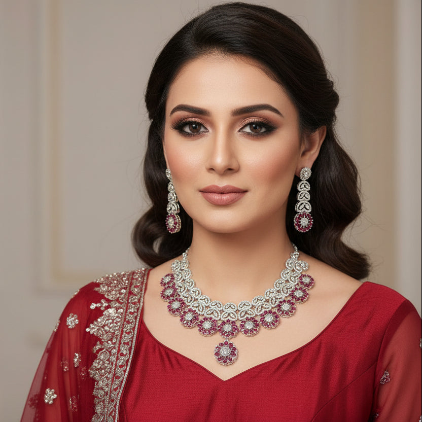 Jewelry set with necklace and earrings on a dark background