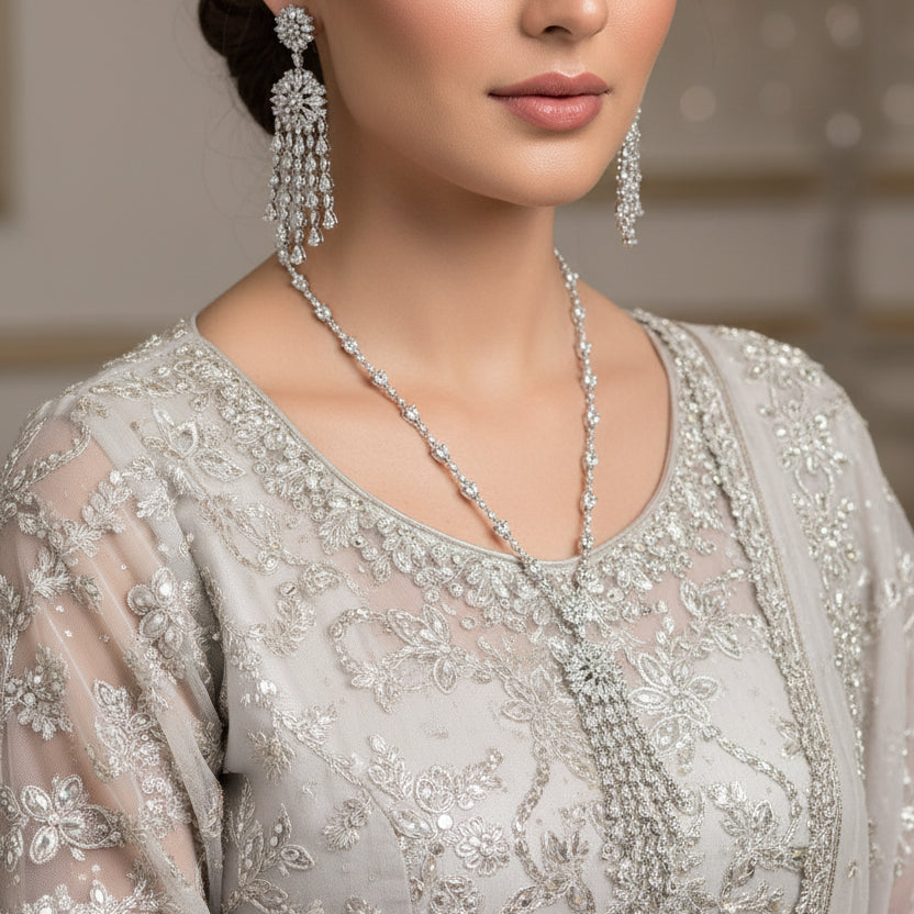 Silver necklace with tassel earrings on a black background