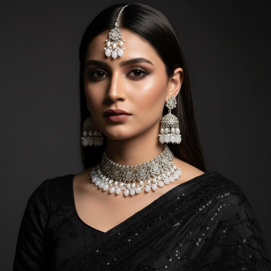 Silver jewelry set including a tiara, earrings, and necklace on a dark background with 'SAHELI' branding.