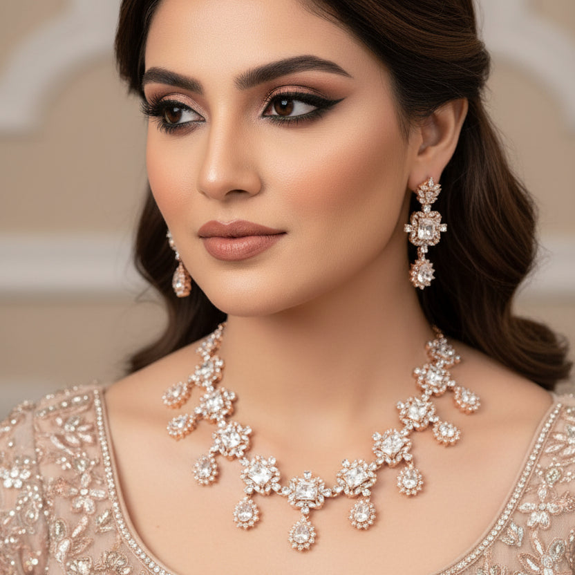 Jewelry set with necklace and earrings on a dark background, featuring the brand 'Saheli'.