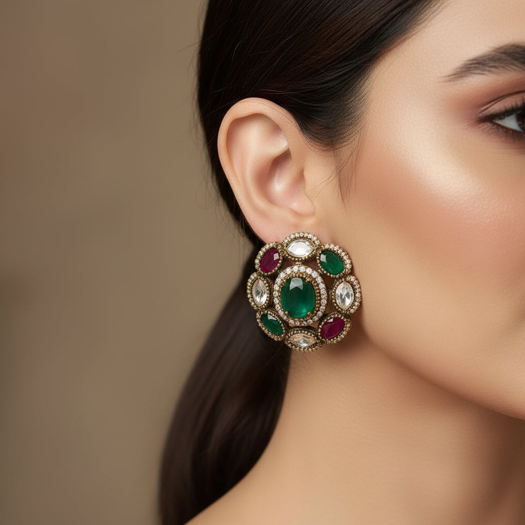 Decorative earrings with gemstones on a light gray background, SJNX-CODE-R-135.