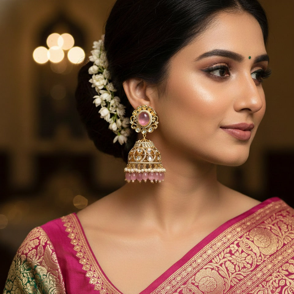 Woman wearing a traditional saree with intricate patterns and jewelry.