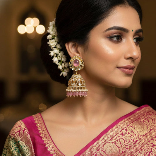 Woman wearing a traditional saree with intricate patterns and jewelry.