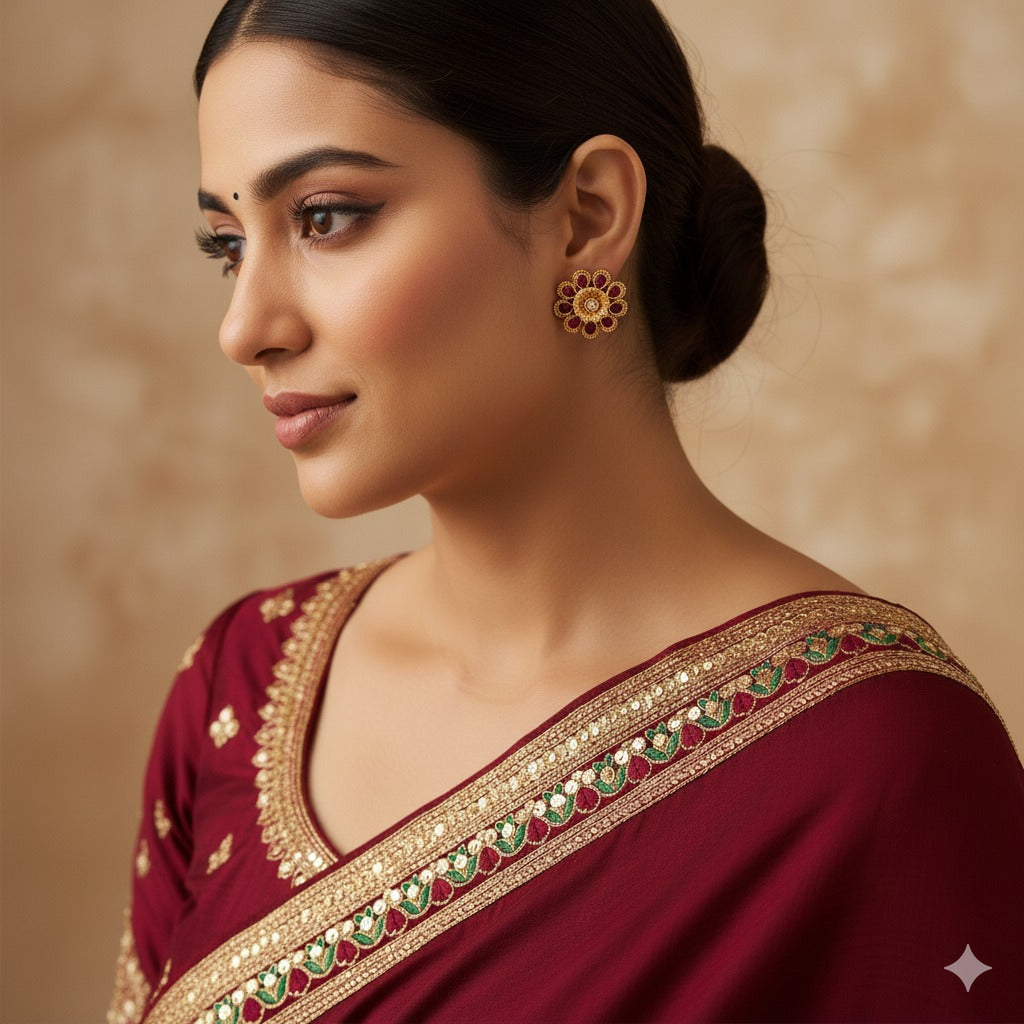 Woman wearing a maroon saree with gold and green border against a beige background