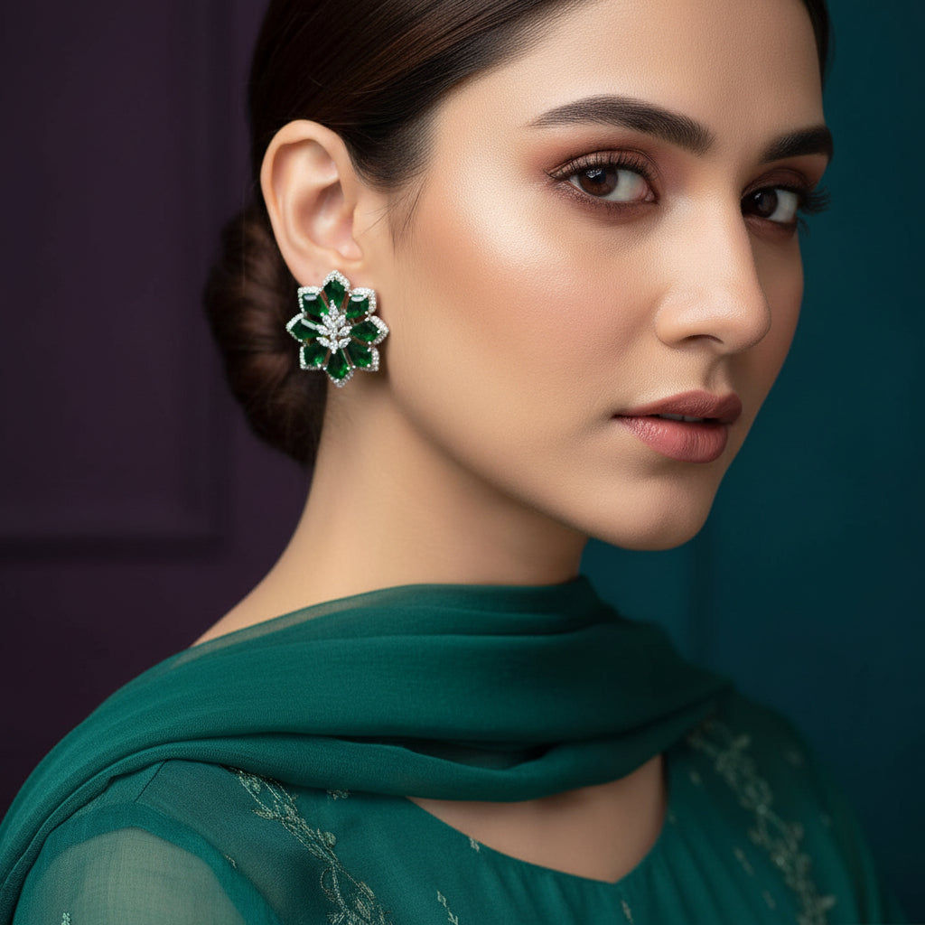 Pair of green gemstone earrings on a pink background