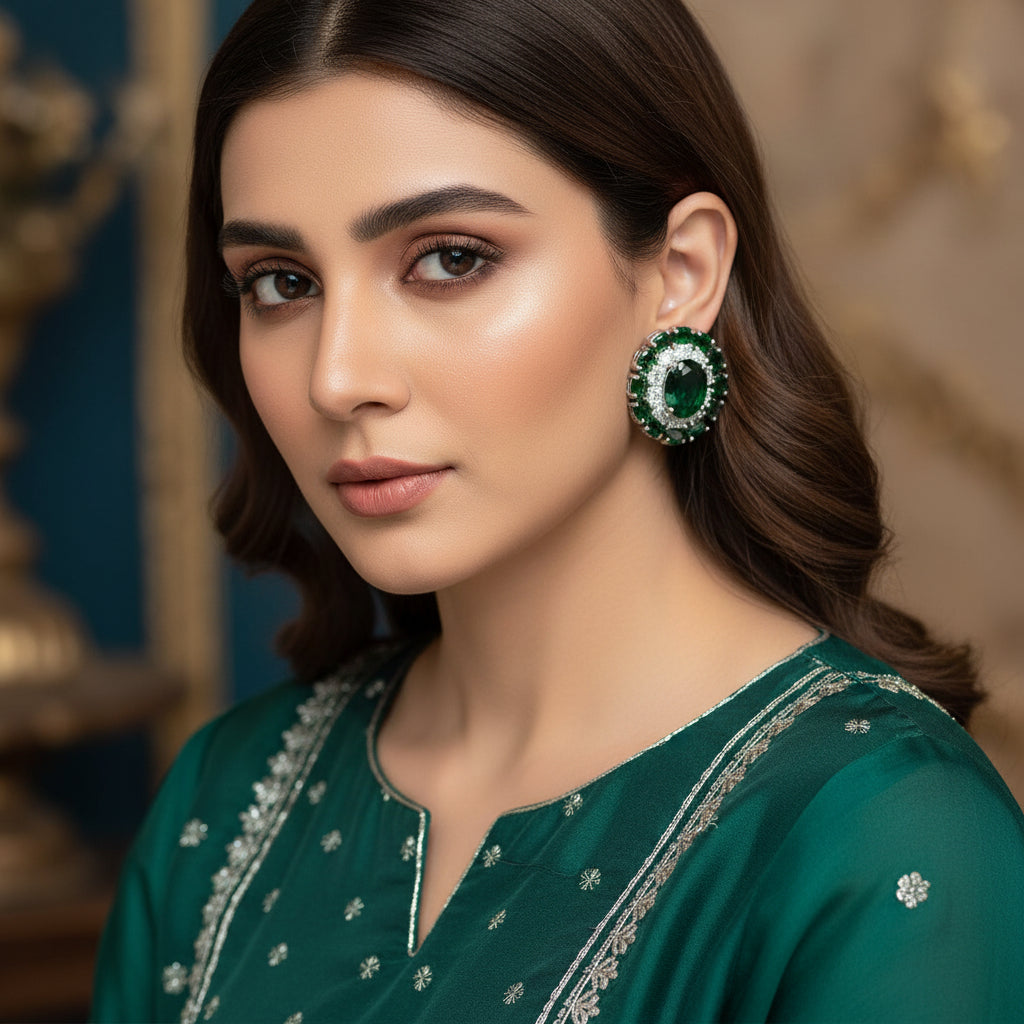 Pair of green gemstone earrings on a red background