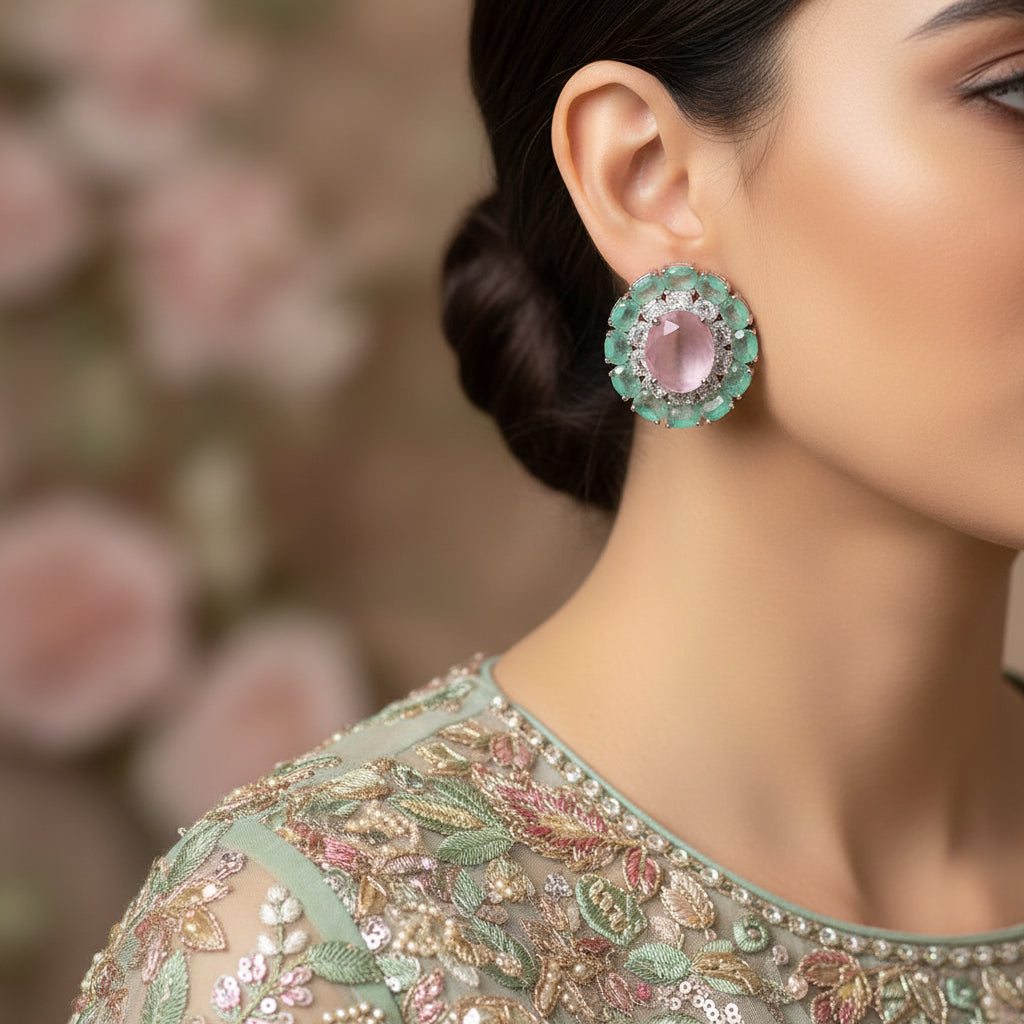 Pair of earrings with pink gemstone and green gemstone on a red background