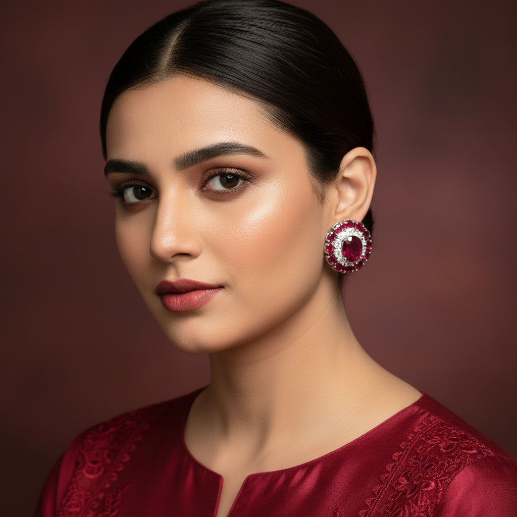 Pair of red gemstone earrings with silver accents on a red background