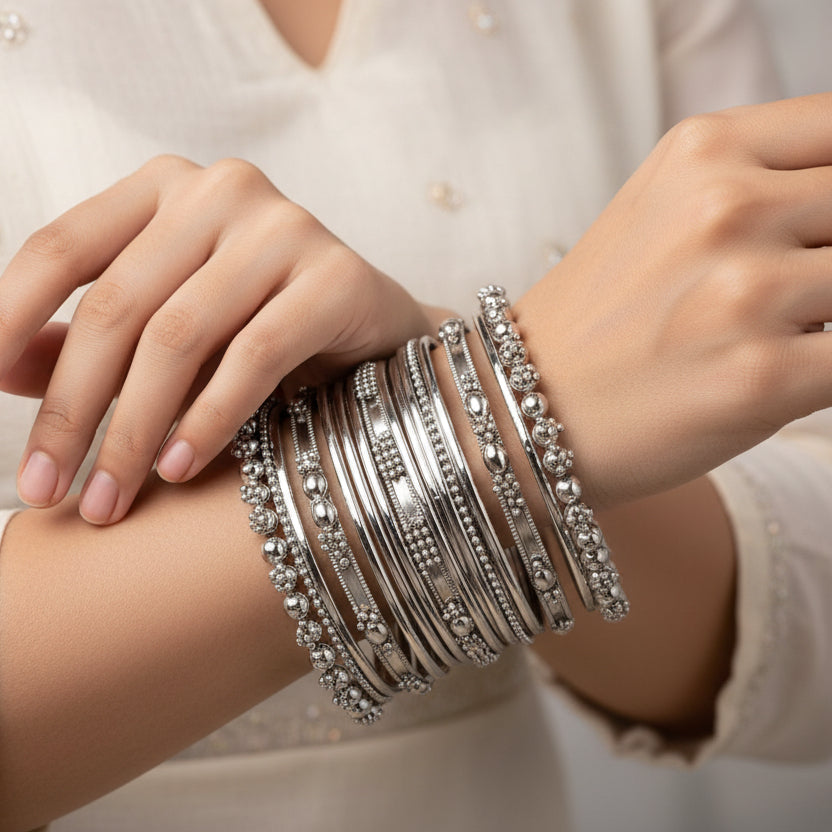 Stack of silver bangles with intricate designs on a white background