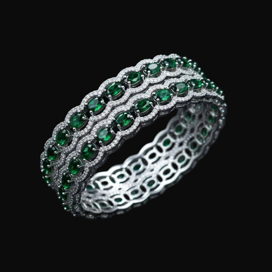 Green gemstone bracelet on a dark background with 'SAHELI' branding.