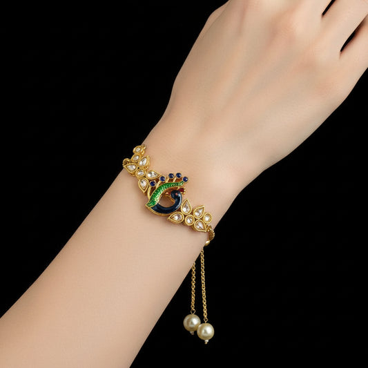 Gold necklace with gemstones on a dark background, featuring the brand 'SAHELI'.