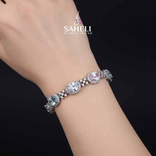 Diamante bracelet on a black stand with 'SAHELL' branding.