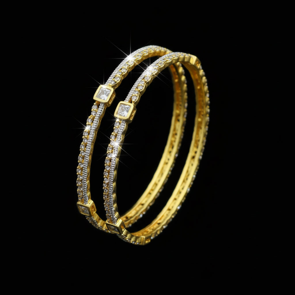 Gold bangles with gemstones on a black background, branded 'Saheli'.